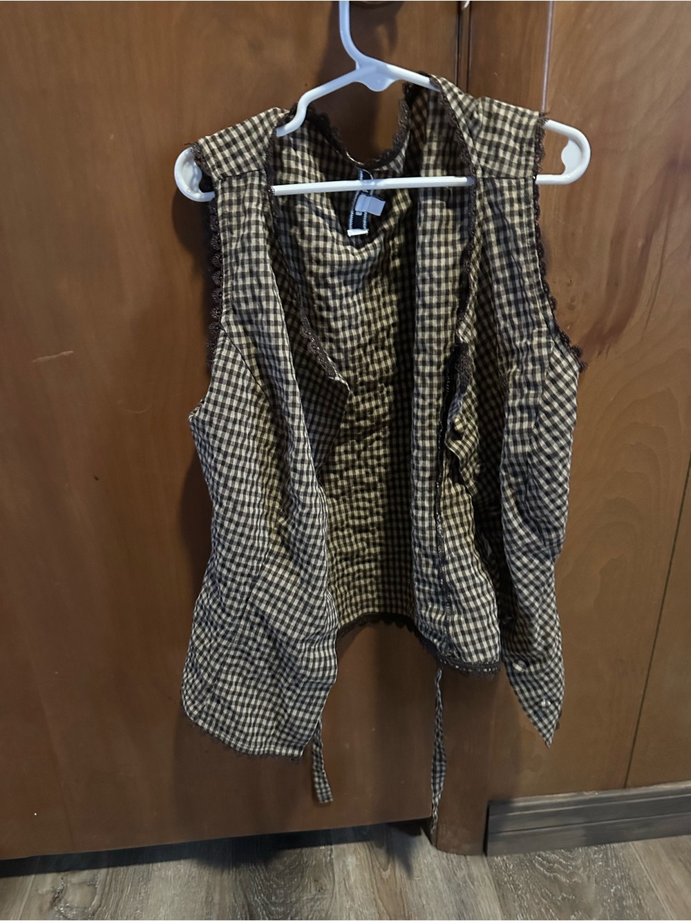 RIHOAS Brown and Black Gingham Tie-Front Sleeveless Vest
